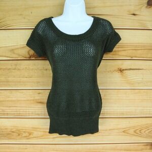 Open Knit Short Sleeve Sweater Womens S Dark Green Stretch Cotton Blend Worth
